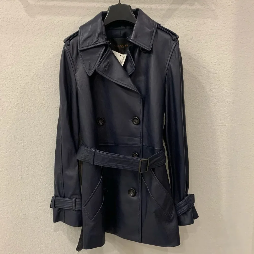 Coach F86122 Womens Lamb Leather Trench Coat Belted Lined Jacket Navy blue XS - Picture 2 of 7